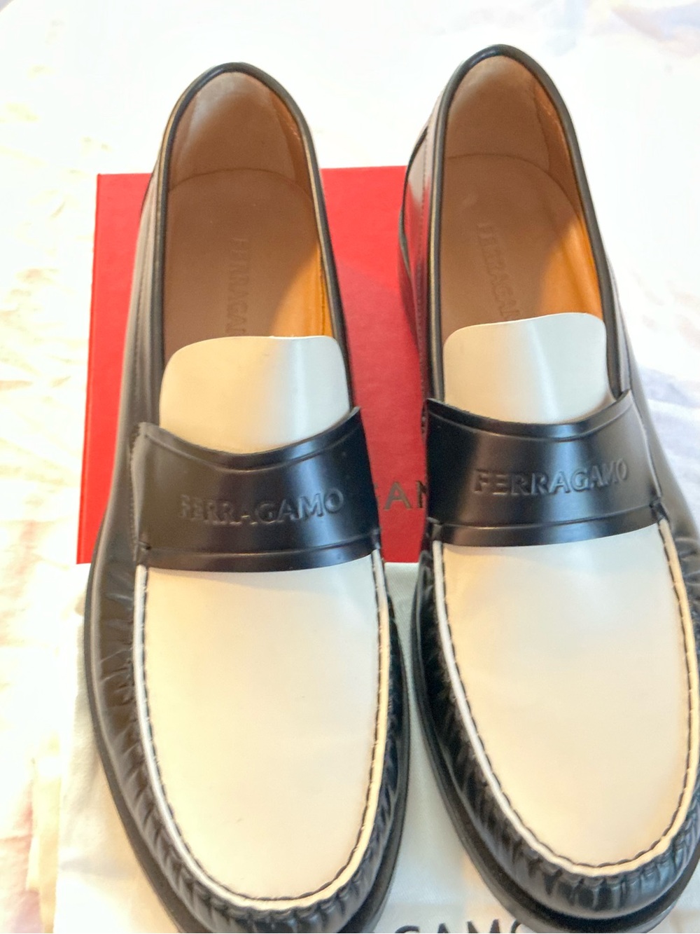 Salvatore Ferragamo Two-Tone Black and White Leather Penny Loafers